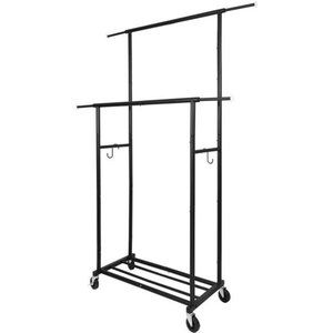 Standard Freestanding Double Rod Clothing Metal Garment Rack w/ 2 Hooks (Black)